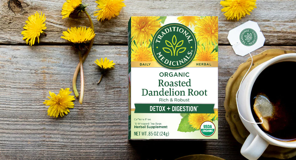 Organic Roasted Dandelion Root Tea Steeping in a Cup with Flowers