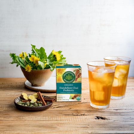 Two iced tea glasses are placed next to a box of Dandelion Chai Probiotic Tea, with a bowl of fresh dandelions nearby, all enhancing healthy digestion on the table.