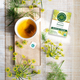 A cup of Fennel Tea rests on a wooden board, surrounded by fresh fennel and its packaging, capturing the spirit of herbalism and enhancing digestive health.