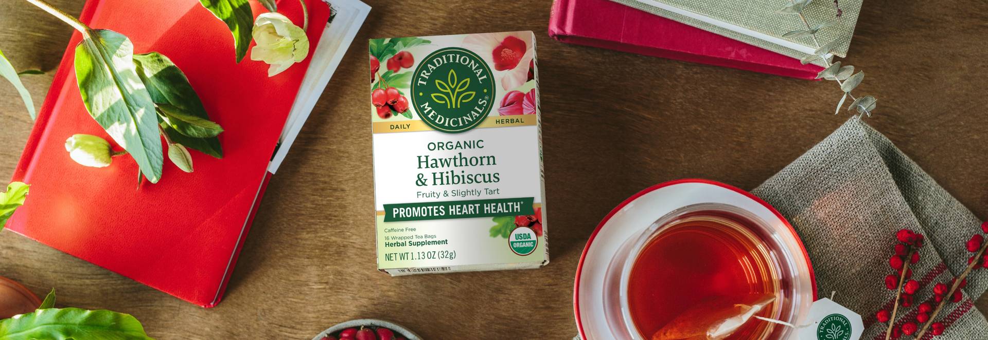 Hawthorn & Hibiscus tea packages on a table