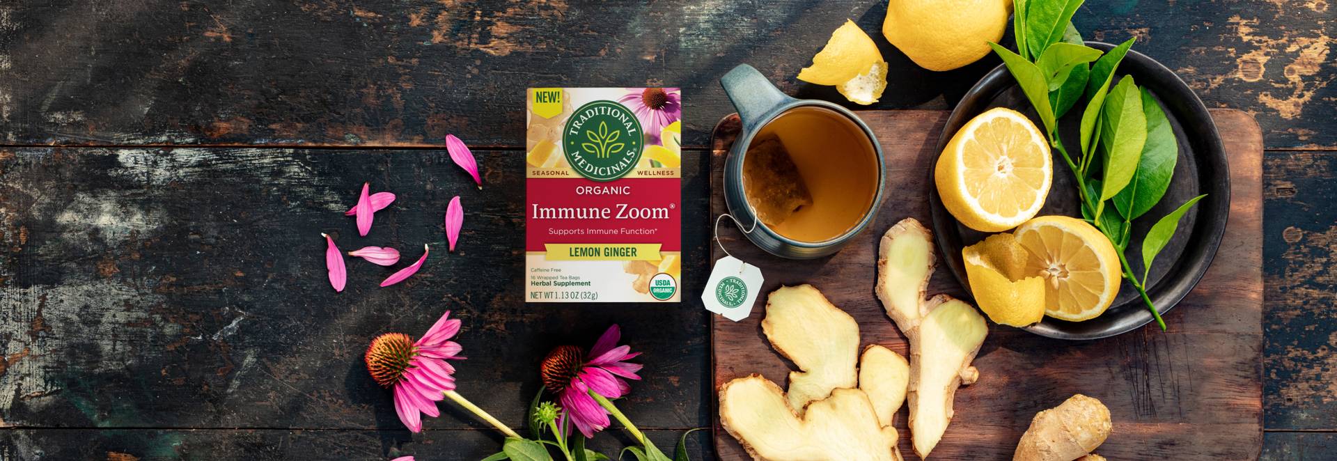 Immune Zoom Lemon Ginger Echinacea packaging on a table