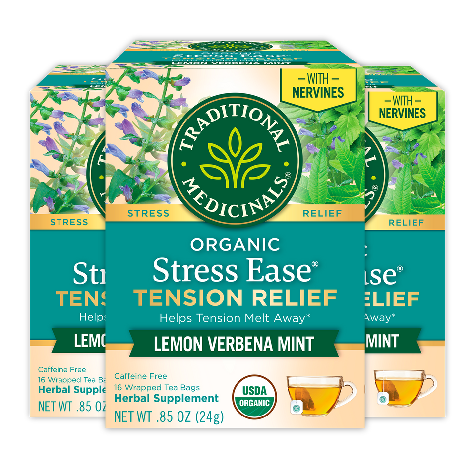 Three boxes of Stress Ease® Tension Relief Tea by Traditional Medicinals, providing a soothing lemon verbena mint flavor with calming skullcap for effective tension relief.
