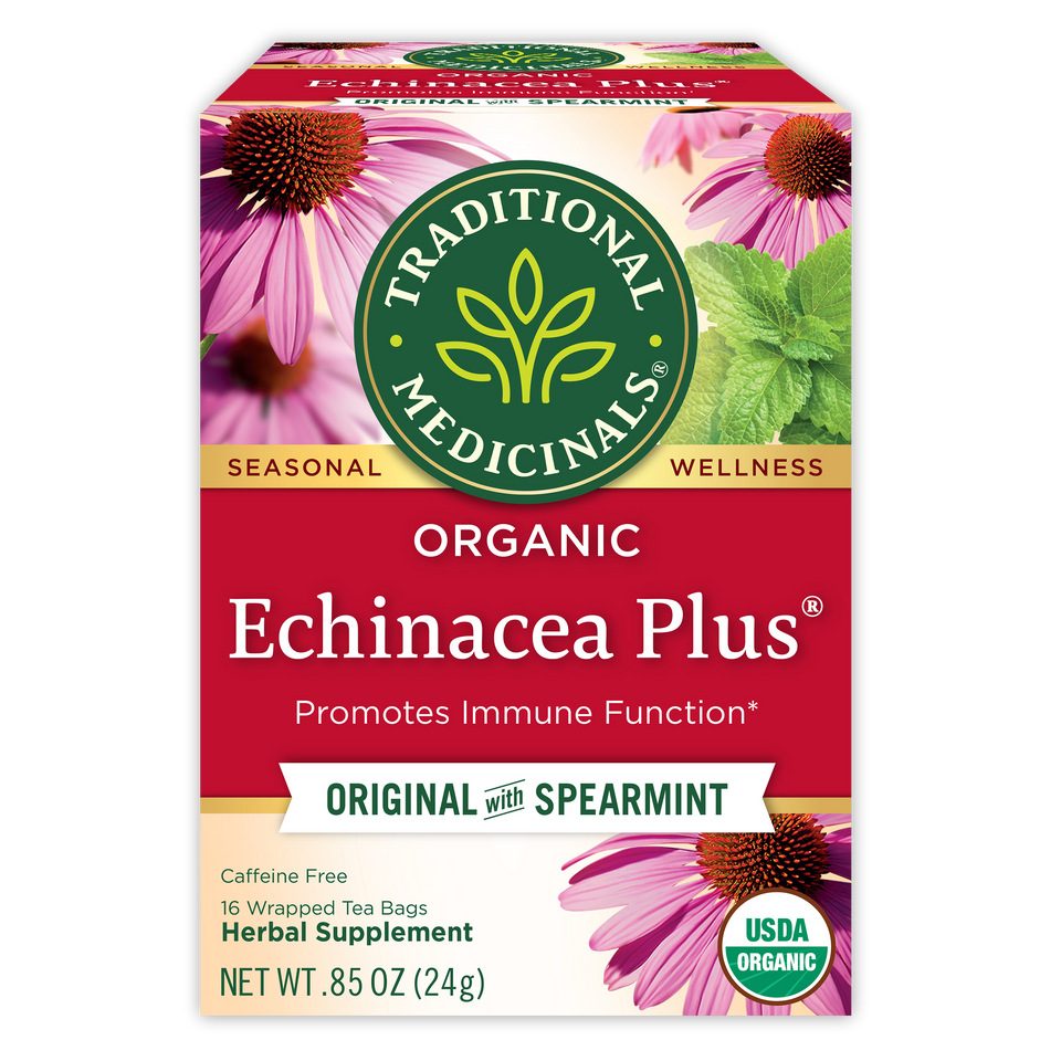 Traditional Medicinals logo. Seasonal. Wellness. Organic Echinacea Plus. Promotes Immune Function. Original with Spearmint. Caffeine Free. 16 Wrapped Tea Bags. Herbal Supplement. NET WT .85 OZ (24g). USDA ORGANIC logo