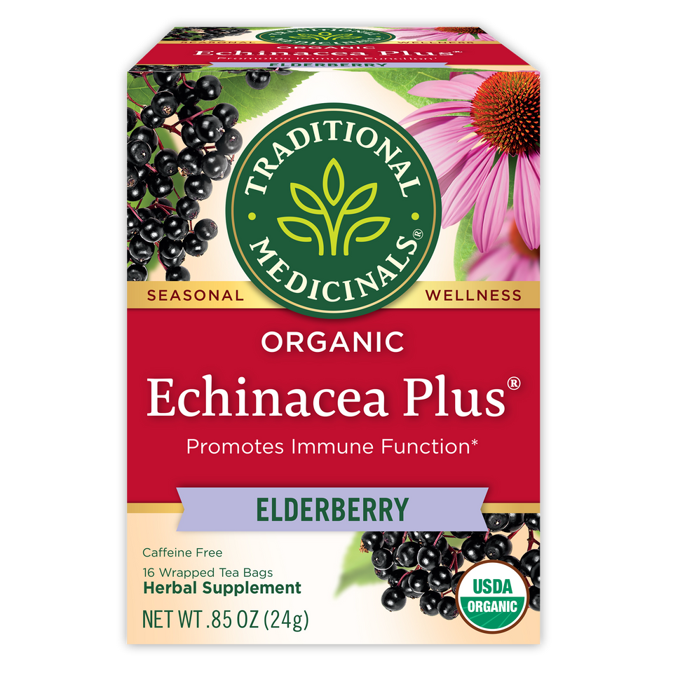 Traditional Medicinals logo. Seasonal. Wellness. Organic Echinacea Plus. Promotes Immune Function. ELDERBERRY. Caffeine Free. 16 Wrapped Tea Bags. Herbal Supplement. NET WT .85 OZ (24g). USDA ORGANIC logo